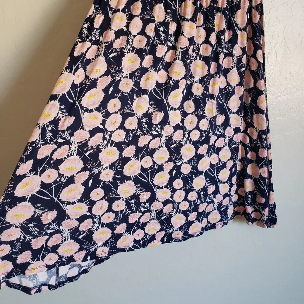Downeast Smocked Floral Midi Skirt Blue/Pink Sz S Soft Jersey Knit Flowy Cottage